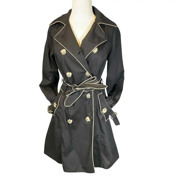 Merona Ladies Small Trench Coat Black /Beige W/Buttons and Belt Water Repellent - Picture 1 of 13